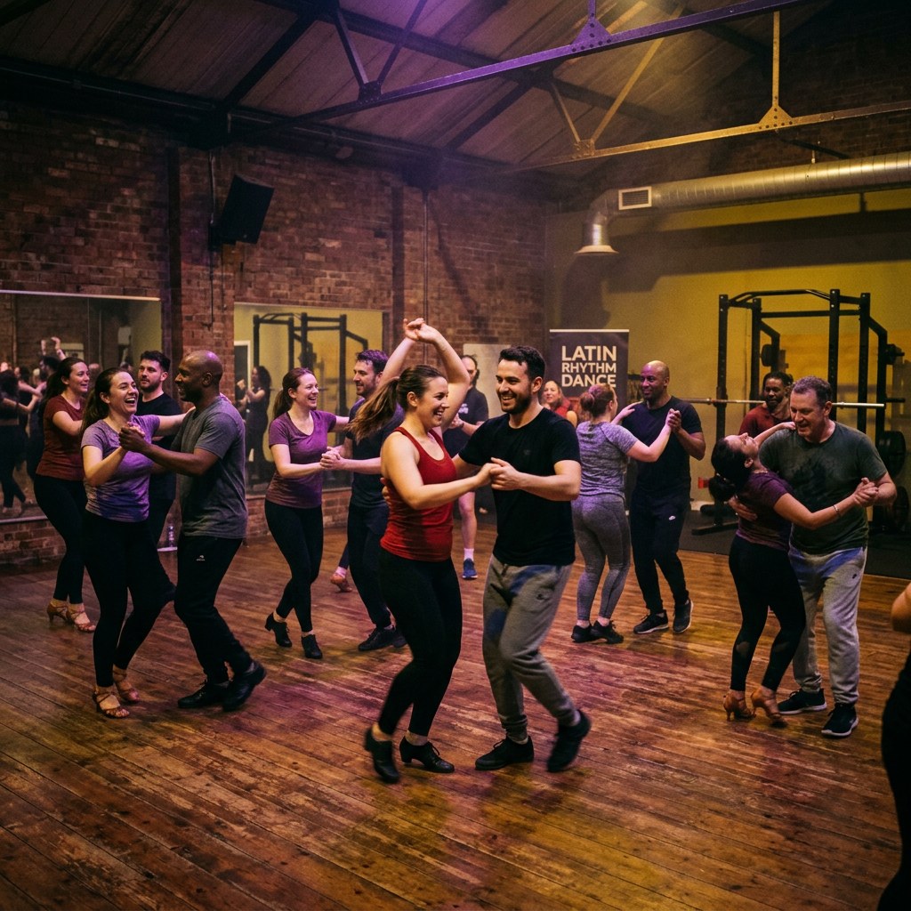Clase de salsa y bachata en un gimnasio de Quito