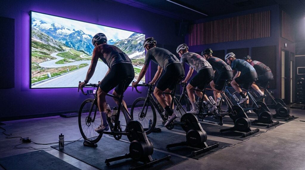 Sala de cycling con rodillos inteligentes y ROUVY en Quito
